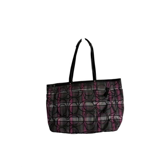 Coach Womens Signature C Poppy Plaid Tartan Glitter Shoulder Tote Bag Black Pink - Picture 6 of 6